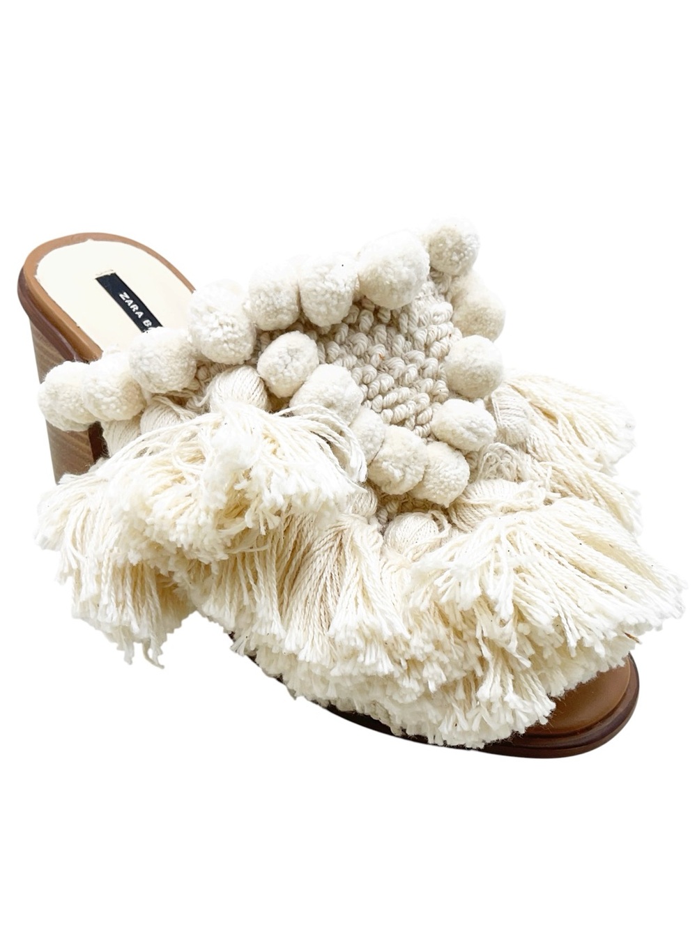 {ZARA} Pompom Fringe High Heel Mules
